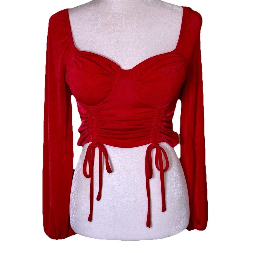 Junior Red Coquette Sweetheart Neckline Ruched Drawstring Crop Top Long Sleeve S